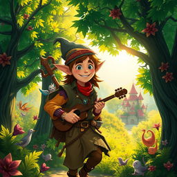 A whimsical, roguish half-elf bard wandering through a vibrant, enchanting forest reminiscent of Studio Ghibli style