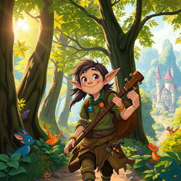 A whimsical, roguish half-elf bard wandering through a vibrant, enchanting forest reminiscent of Studio Ghibli style