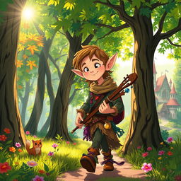 A whimsical, roguish half-elf bard wandering through a vibrant, enchanting forest reminiscent of Studio Ghibli style