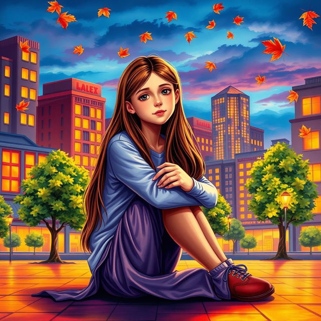 A vibrant and realistic book cover featuring a teenage girl with long flowing hair sitting on the floor, hugging her knees tightly