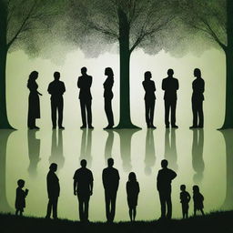 A high-definition, modern image emphasizing unity in diversity. Abstract human silhouettes from a variety of backgrounds stand united in environmental actions like tree planting. The vibrant, lush green landscape underscores collective responsibility, inspiring a sustainable future without explicitly depicting real people.