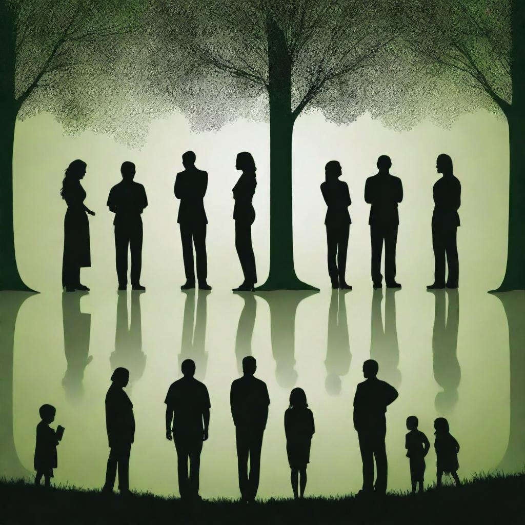 A high-definition, modern image emphasizing unity in diversity. Abstract human silhouettes from a variety of backgrounds stand united in environmental actions like tree planting. The vibrant, lush green landscape underscores collective responsibility, inspiring a sustainable future without explicitly depicting real people.