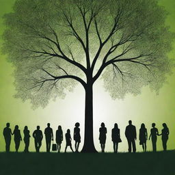 A high-definition, modern image emphasizing unity in diversity. Abstract human silhouettes from a variety of backgrounds stand united in environmental actions like tree planting. The vibrant, lush green landscape underscores collective responsibility, inspiring a sustainable future without explicitly depicting real people.