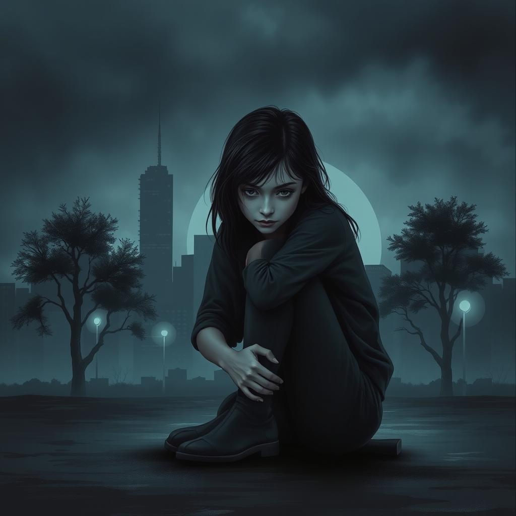 A dark and serious book cover depicting a teenage girl sitting on the floor, hugging her knees with an expression of deep contemplation