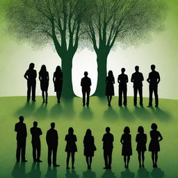 A high-definition, modern image emphasizing unity in diversity. Abstract human silhouettes from a variety of backgrounds stand united in environmental actions like tree planting. The vibrant, lush green landscape underscores collective responsibility, inspiring a sustainable future without explicitly depicting real people.