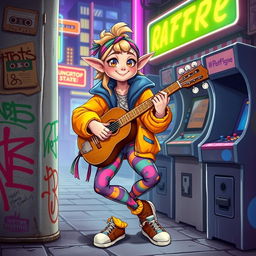 A whimsical half-elf bard character, dressed in retro 1980s clothing, exuding a carefree vibe