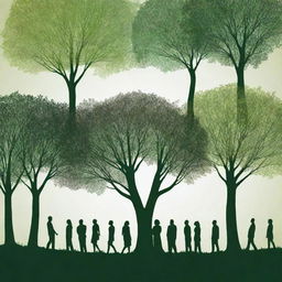 A high-definition, modern image emphasizing unity in diversity. Abstract human silhouettes from a variety of backgrounds stand united in environmental actions like tree planting. The vibrant, lush green landscape underscores collective responsibility, inspiring a sustainable future without explicitly depicting real people.