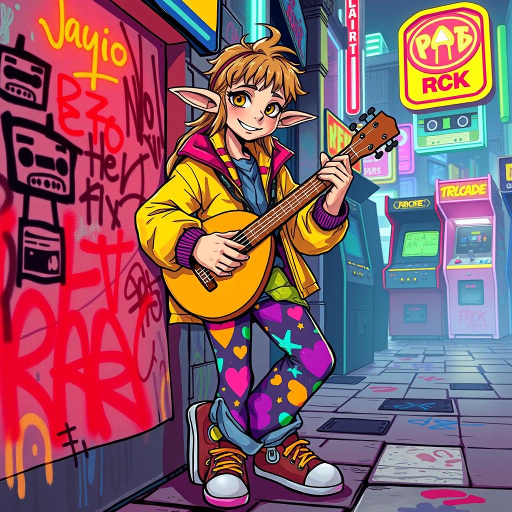 A whimsical half-elf bard character, dressed in retro 1980s clothing, exuding a carefree vibe