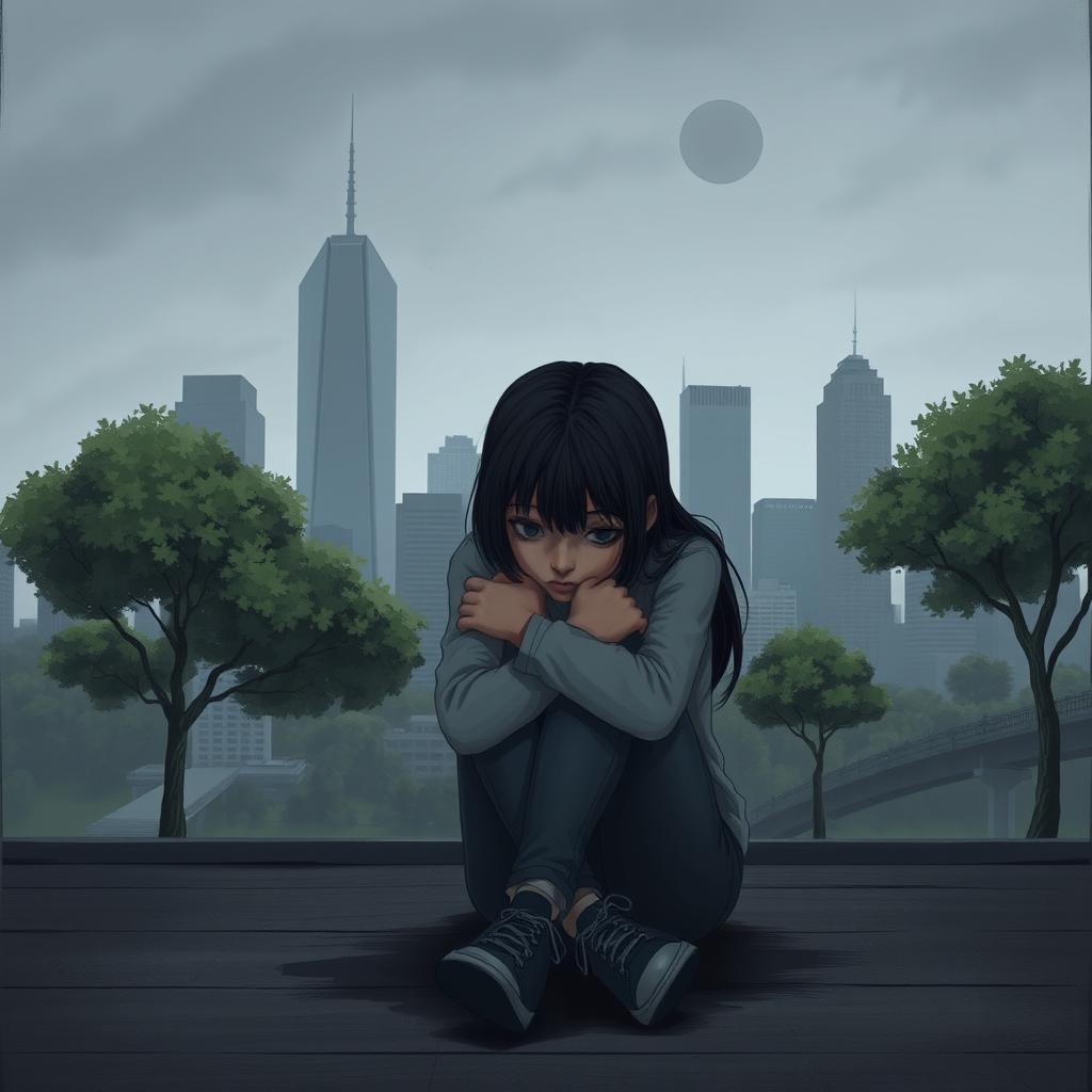 A somber and serious scene featuring a teenage girl sitting on the floor, hugging her knees tightly, conveying a sense of sadness