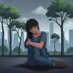 A somber and serious scene featuring a teenage girl sitting on the floor, hugging her knees tightly, conveying a sense of sadness