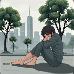 A somber and serious scene featuring a teenage girl sitting on the floor, hugging her knees tightly, conveying a sense of sadness