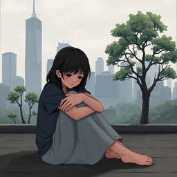 A somber and serious scene featuring a teenage girl sitting on the floor, hugging her knees tightly, conveying a sense of sadness