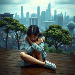 An incredibly realistic and somber scene featuring a teenage girl sitting on a wooden floor, hugging her knees tightly, with an expression of deep sadness on her face