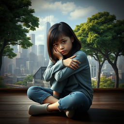 An incredibly realistic and somber scene featuring a teenage girl sitting on a wooden floor, hugging her knees tightly, with an expression of deep sadness on her face