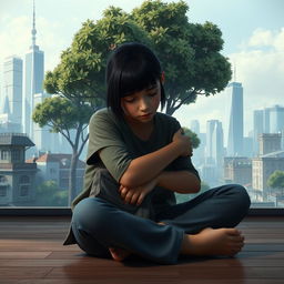 An incredibly realistic and somber scene featuring a teenage girl sitting on a wooden floor, hugging her knees tightly, with an expression of deep sadness on her face