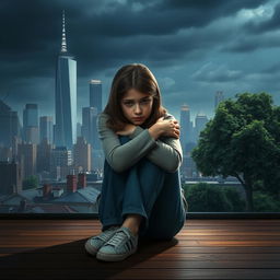 An incredibly realistic and somber scene featuring a teenage girl sitting on a wooden floor, hugging her knees tightly, with an expression of deep sadness on her face