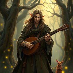 A medioelfo (half-elf) male vagabond bard, dressed in a worn but stylish cloak, with long, flowing hair and pointed ears, strumming a lute with passion