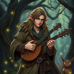 A medioelfo (half-elf) male vagabond bard, dressed in a worn but stylish cloak, with long, flowing hair and pointed ears, strumming a lute with passion