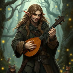 A medioelfo (half-elf) male vagabond bard, dressed in a worn but stylish cloak, with long, flowing hair and pointed ears, strumming a lute with passion