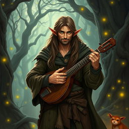 A medioelfo (half-elf) male vagabond bard, dressed in a worn but stylish cloak, with long, flowing hair and pointed ears, strumming a lute with passion