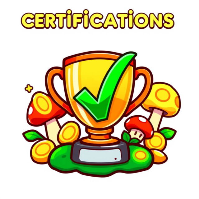 An energetic and colorful icon representing 'certifications' inspired by the Mario Bros universe