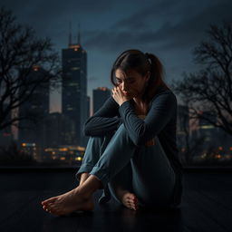 A serious and somber scene featuring a young adult woman sitting on the dark wooden floor, hugging her knees tightly, reflecting sadness and introspection