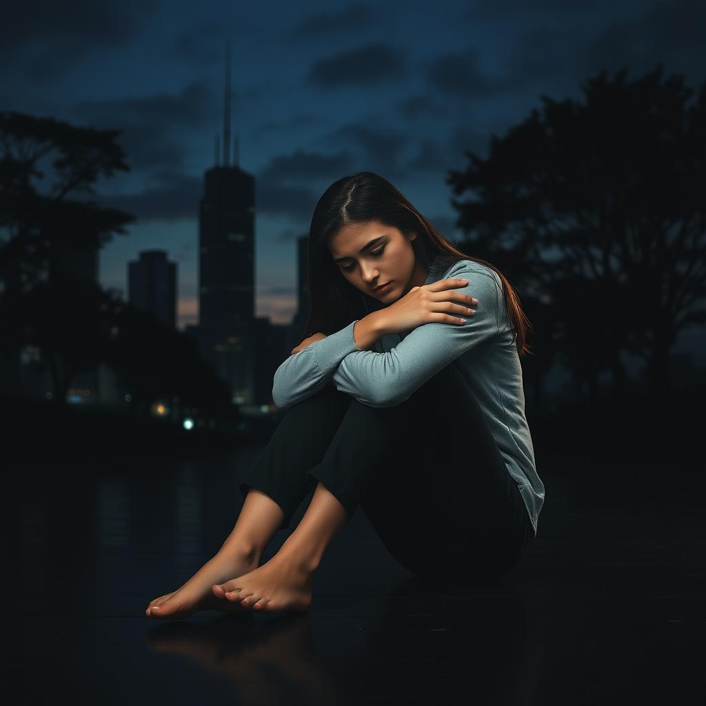 A serious and somber scene featuring a young adult woman sitting on the dark wooden floor, hugging her knees tightly, reflecting sadness and introspection