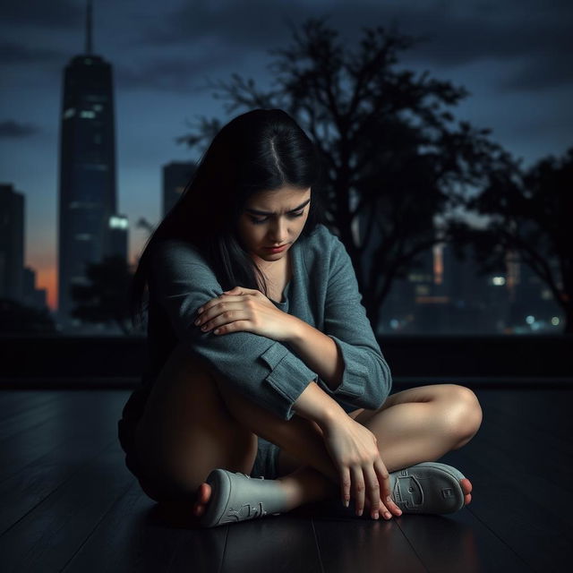 A serious and somber scene featuring a young adult woman sitting on the dark wooden floor, hugging her knees tightly, reflecting sadness and introspection