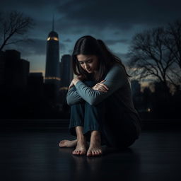 A serious and somber scene featuring a young adult woman sitting on the dark wooden floor, hugging her knees tightly, reflecting sadness and introspection