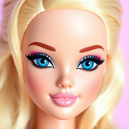 A close-up portrait of a doll-like face inspired by Barbie, featuring flawless skin, sparkling blue eyes, long, blonde hair styled in loose waves, and perfectly shaped eyebrows