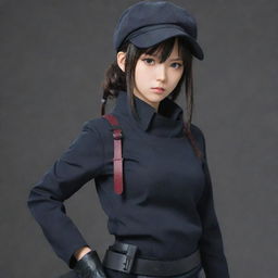 A girl anime character in the Japanese style, who is an expert in assassination. Fully outfitted in stealthy attire with concealed weapons, her serious gaze conveys the inherent danger of her occupation.