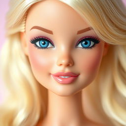 A close-up portrait of a doll-like face inspired by Barbie, featuring flawless skin, sparkling blue eyes, long, blonde hair styled in loose waves, and perfectly shaped eyebrows