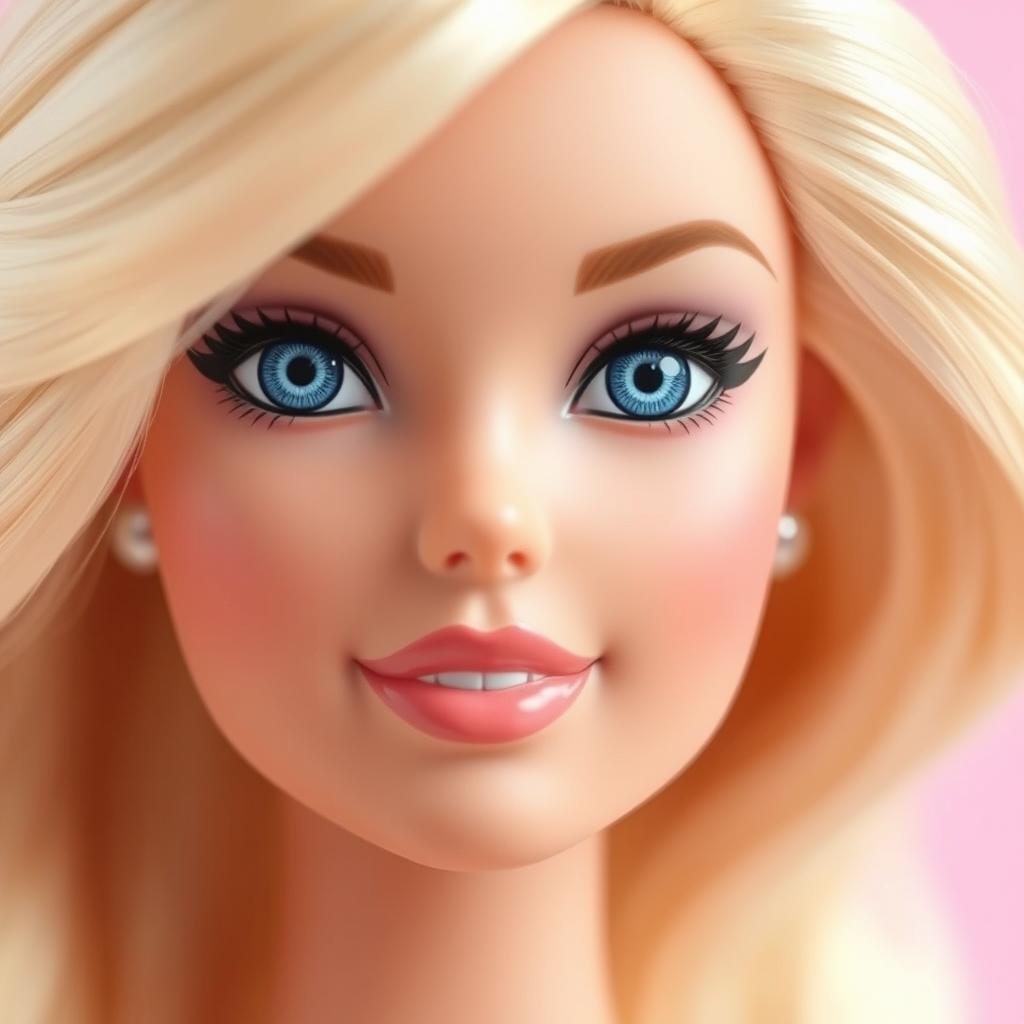 A close-up portrait of a doll-like face inspired by Barbie, featuring flawless skin, sparkling blue eyes, long, blonde hair styled in loose waves, and perfectly shaped eyebrows