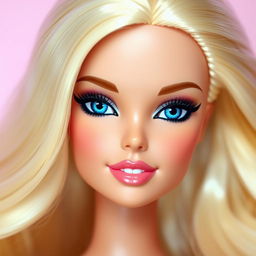 A close-up portrait of a doll-like face inspired by Barbie, featuring flawless skin, sparkling blue eyes, long, blonde hair styled in loose waves, and perfectly shaped eyebrows