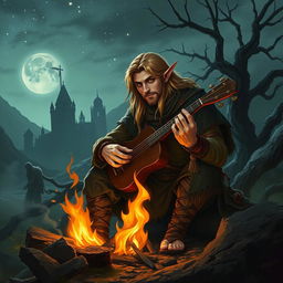 A male half-elf vagabond bard in the style of Elden Ring, depicted with rugged, worn clothing that blends into a fantasy medieval landscape