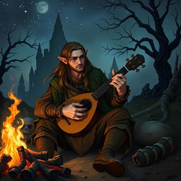 A male half-elf vagabond bard in the style of Elden Ring, depicted with rugged, worn clothing that blends into a fantasy medieval landscape