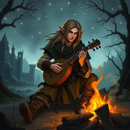 A male half-elf vagabond bard in the style of Elden Ring, depicted with rugged, worn clothing that blends into a fantasy medieval landscape