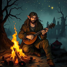 A male half-elf vagabond bard in the style of Elden Ring, depicted with rugged, worn clothing that blends into a fantasy medieval landscape