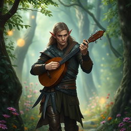 A male half-elf bard wandering through a mystical forest, dressed in leather armor adorned with intricate patterns