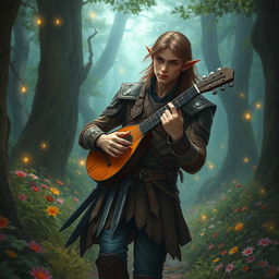 A male half-elf bard wandering through a mystical forest, dressed in leather armor adorned with intricate patterns