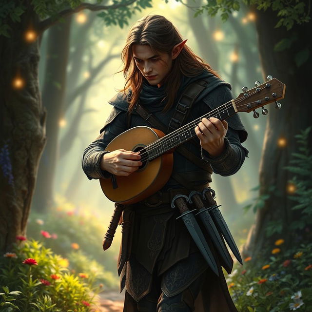 A male half-elf bard wandering through a mystical forest, dressed in leather armor adorned with intricate patterns