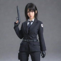 A girl anime character in the Japanese style, who is an expert in assassination. Fully outfitted in stealthy attire with concealed weapons, her serious gaze conveys the inherent danger of her occupation.