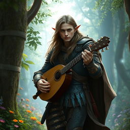 A male half-elf bard wandering through a mystical forest, dressed in leather armor adorned with intricate patterns