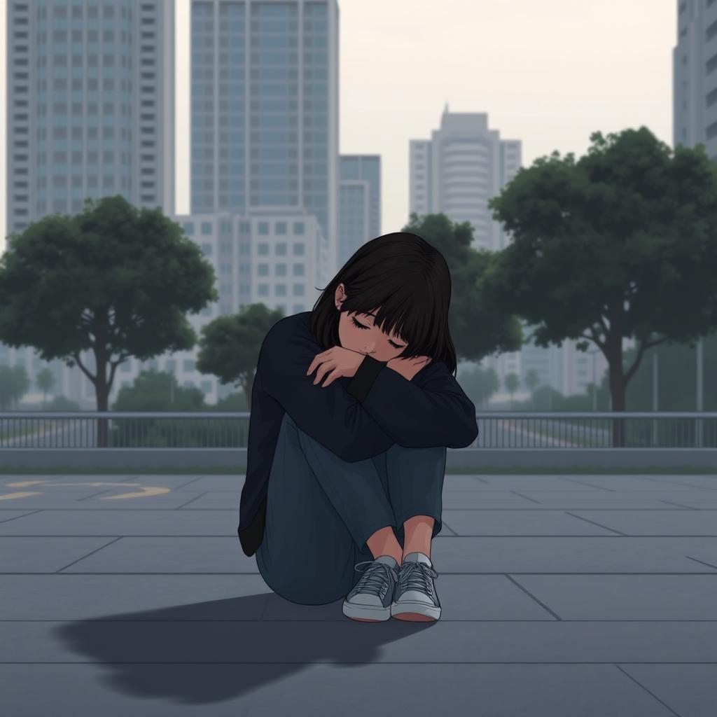 A stylized, slightly less realistic scene showing a teenage girl sitting on the floor, hugging her knees tightly