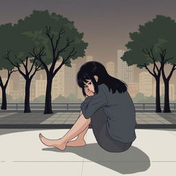 A stylized, slightly less realistic scene showing a teenage girl sitting on the floor, hugging her knees tightly