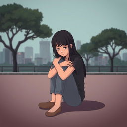 A stylized, slightly less realistic scene showing a teenage girl sitting on the floor, hugging her knees tightly