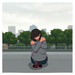 A stylized, slightly less realistic scene showing a teenage girl sitting on the floor, hugging her knees tightly