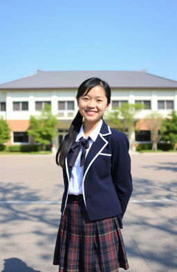 An Asian schoolgirl standing confidently in front of a traditional school building