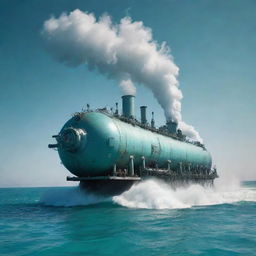 An imaginative gaspunk tanker, designed with swirling gas pipes, pneumatic tubes, and misty vapor clouds, navigating through a turquoise, foaming sea under a sky tinged with iridescent hues.