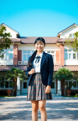 An Asian schoolgirl standing confidently in front of a traditional school building